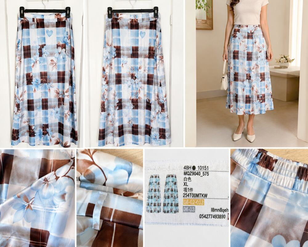 Women’s Blue & Brown Floral Plaid Maxi Skirt – Size XL